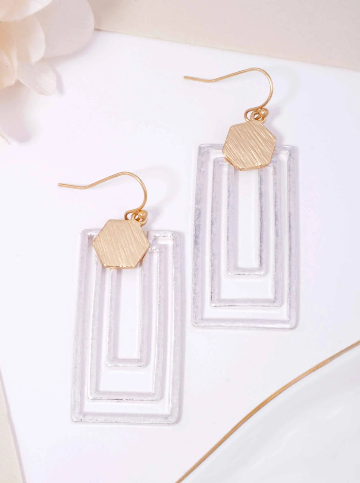 Hexagon Triple Rectangle Matte Hook Earrings - Matte Gold-Worn Silver