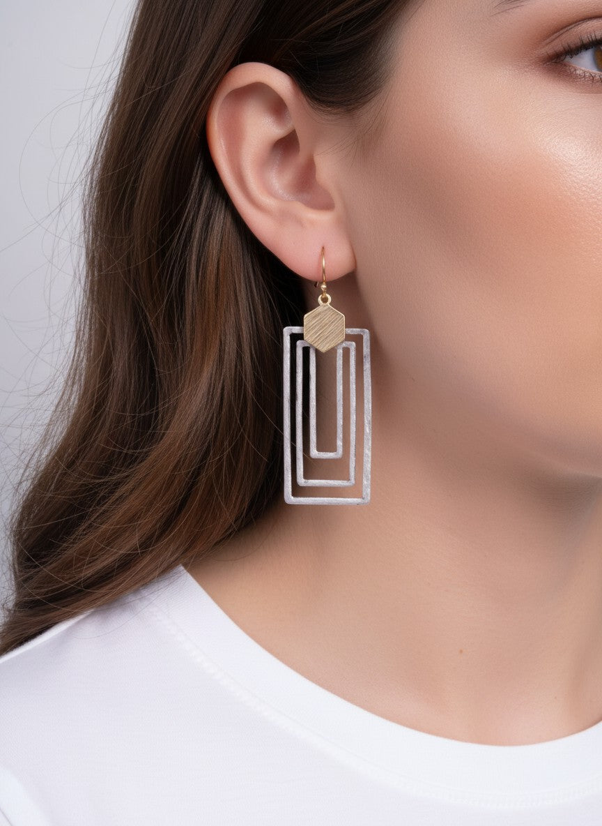 Hexagon Triple Rectangle Matte Hook Earrings - Matte Gold-Worn Silver