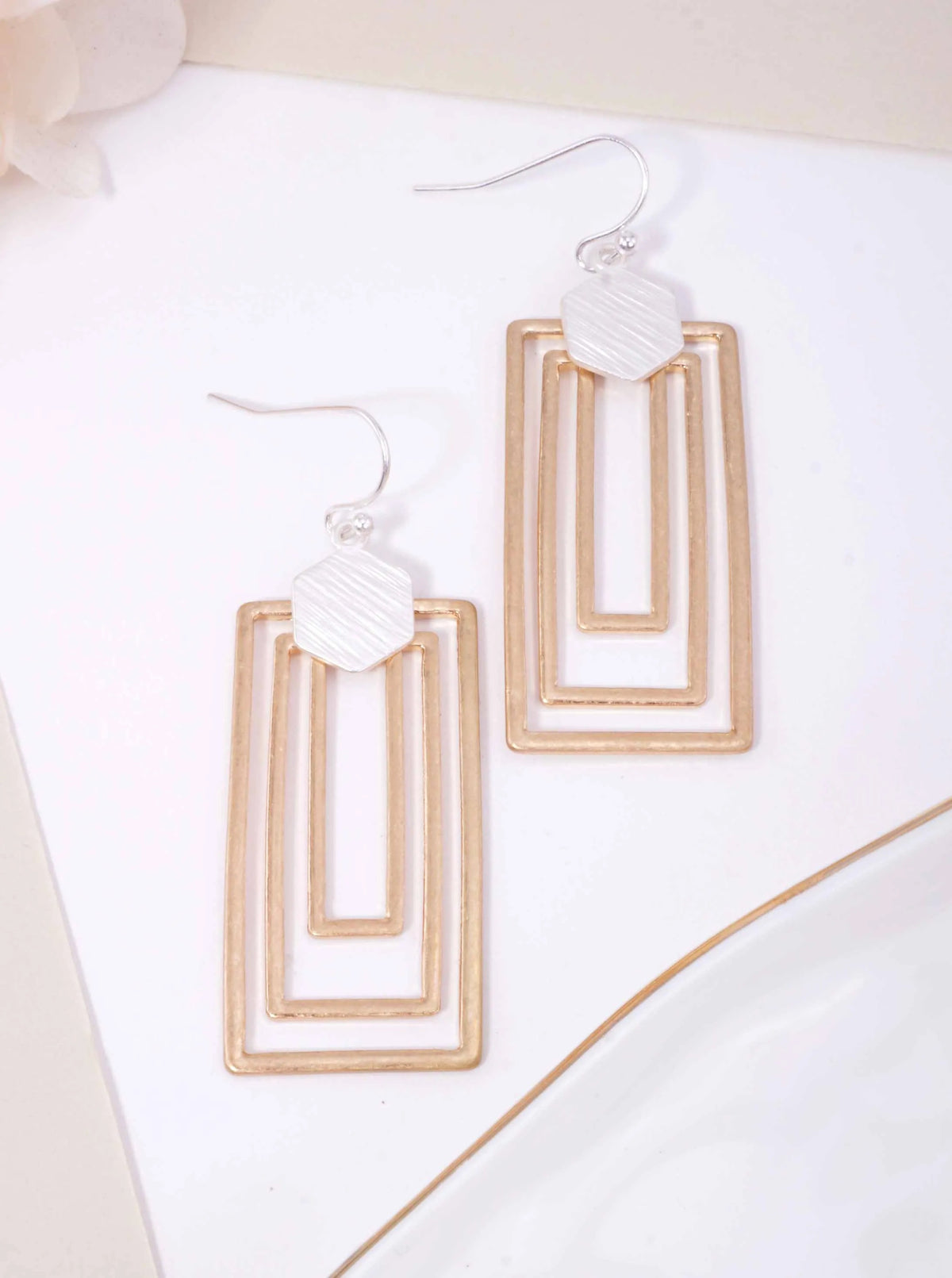 Hexagon Triple Rectangle Matte Hook Earrings - Matte Silver Worn Gold