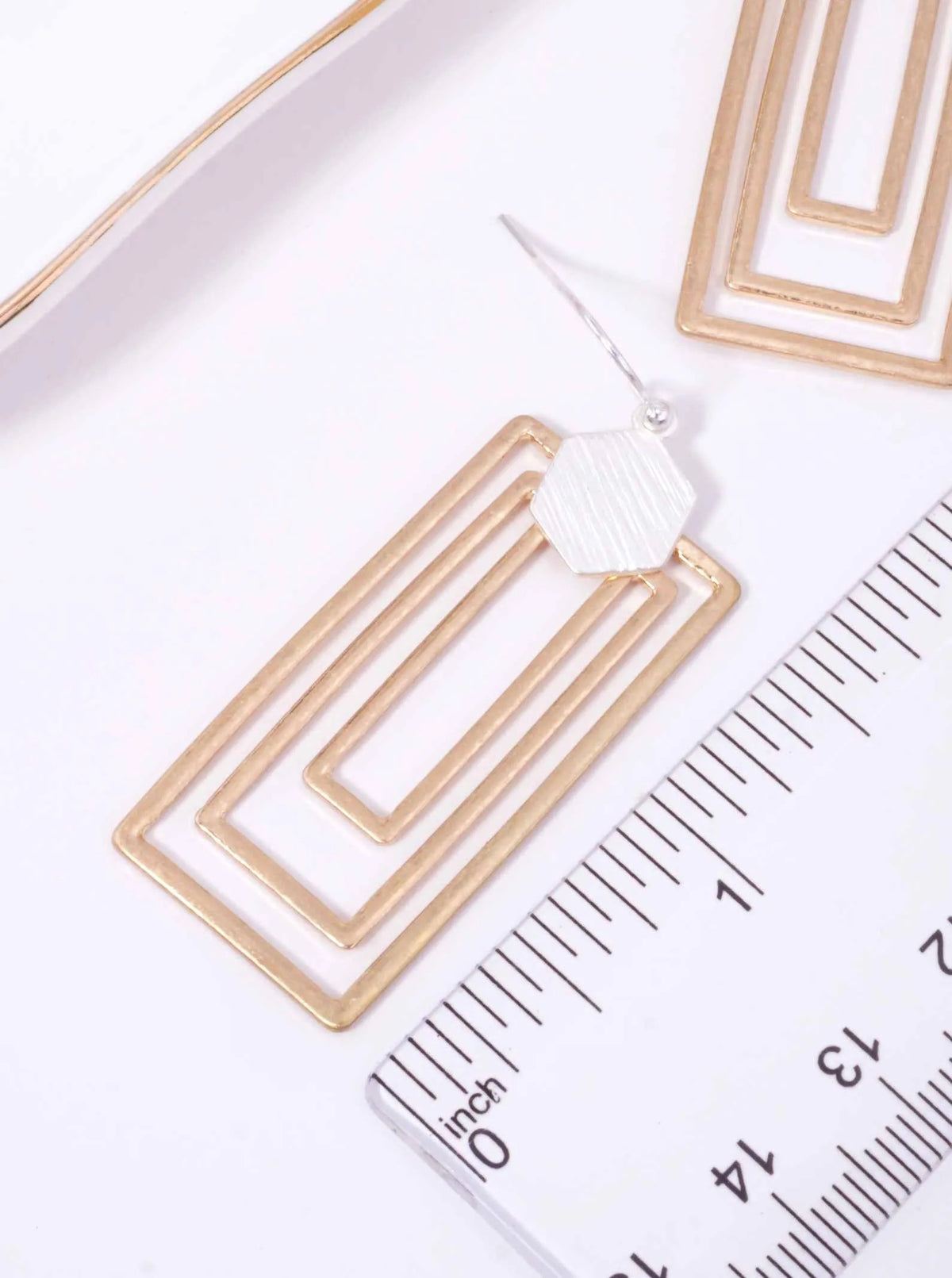 Hexagon Triple Rectangle Matte Hook Earrings - Matte Silver Worn Gold