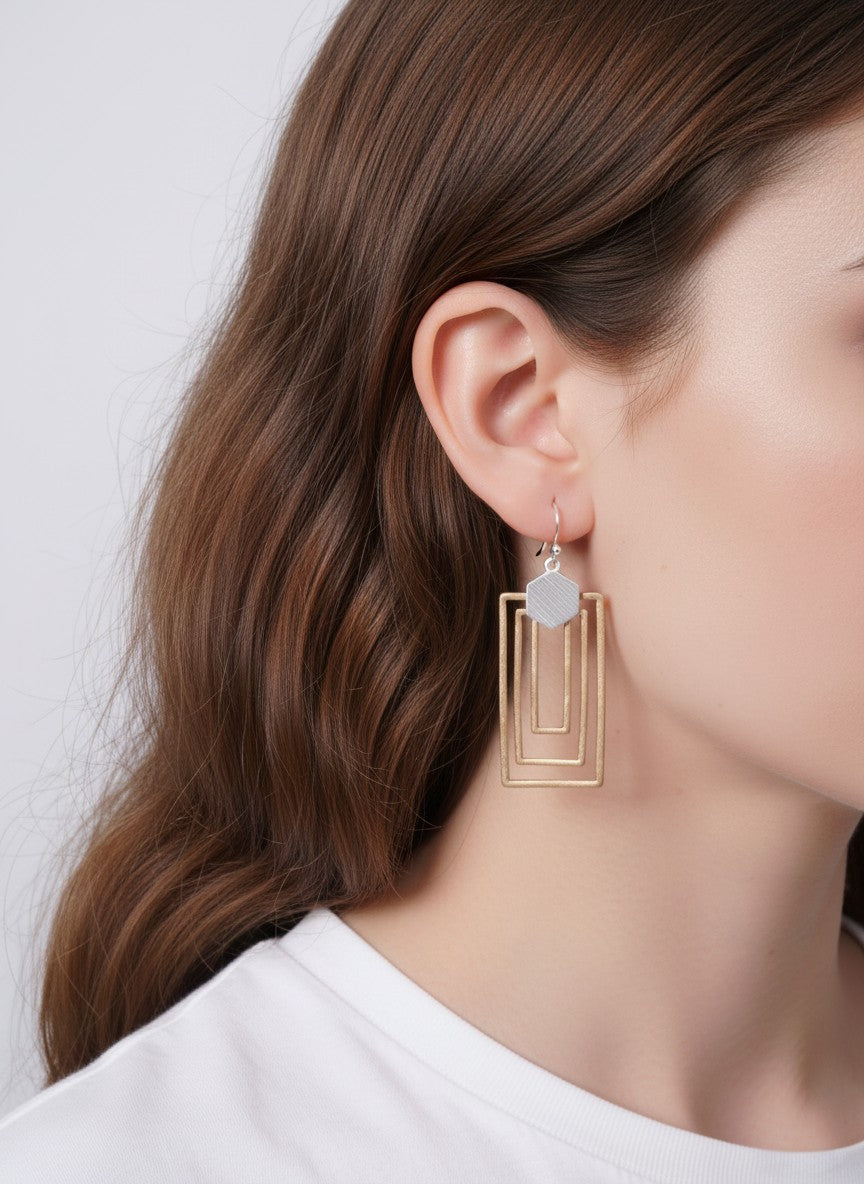 Hexagon Triple Rectangle Matte Hook Earrings - Matte Silver Worn Gold