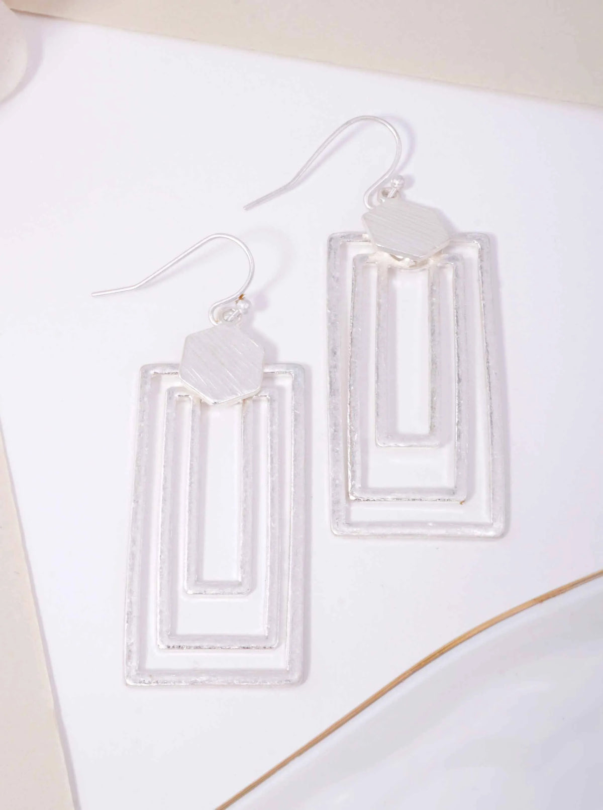 Hexagon Triple Rectangle Matte Hook Earrings - Matte Silver Worn Silver