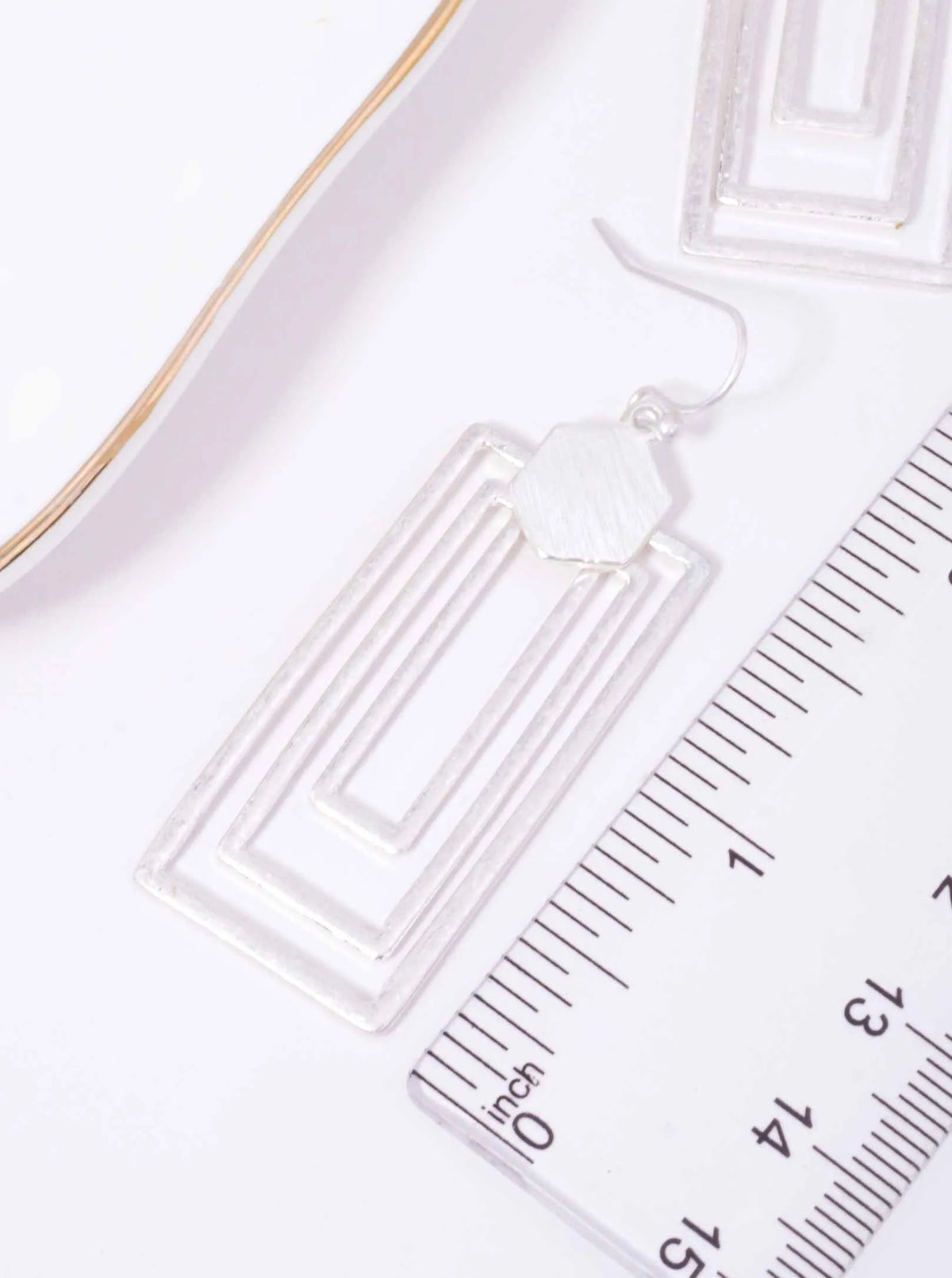 Hexagon Triple Rectangle Matte Hook Earrings - Matte Silver Worn Silver