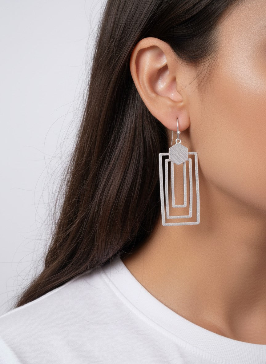 Hexagon Triple Rectangle Matte Hook Earrings - Matte Silver Worn Silver