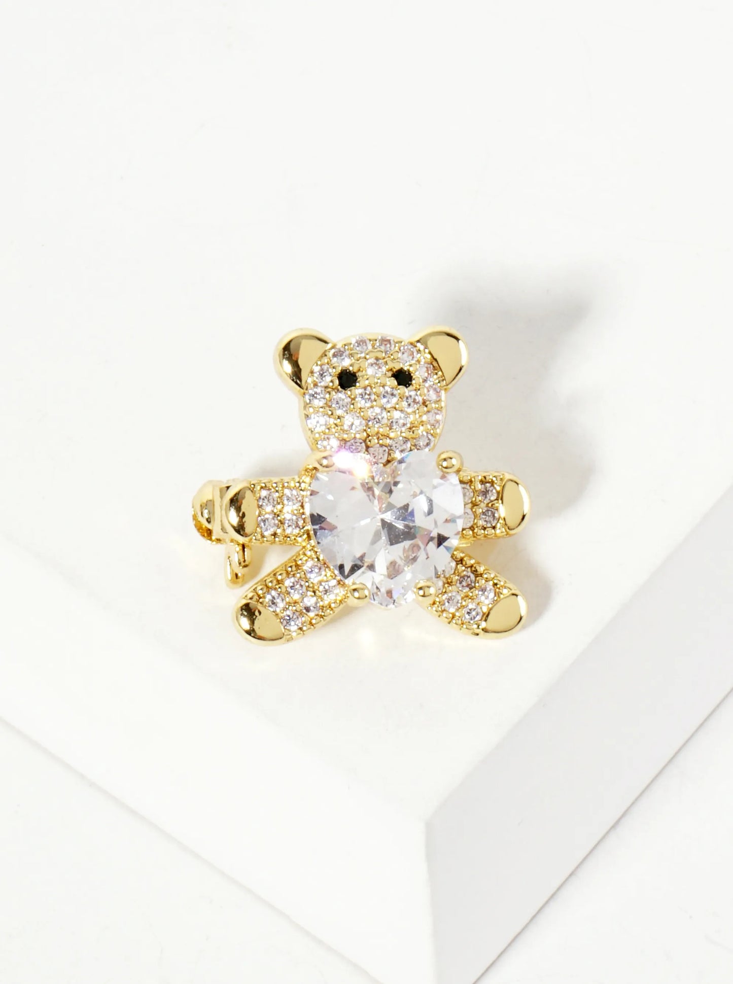 Holding-a-CZ-Heart 18K-Gold-Dipped Pave-Set Cubic-Zirconia Teddy-Bear Brass Brooch