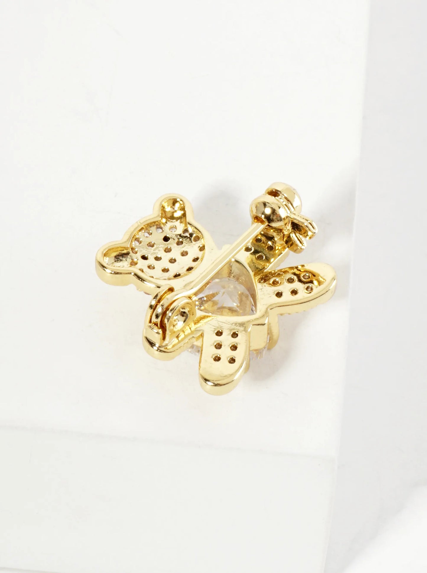 Holding-a-CZ-Heart 18K-Gold-Dipped Pave-Set Cubic-Zirconia Teddy-Bear Brass Brooch