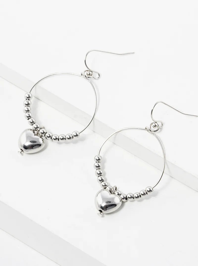 Hollow Heart Bead Drop Circle Wire Dangle Drop Earrings