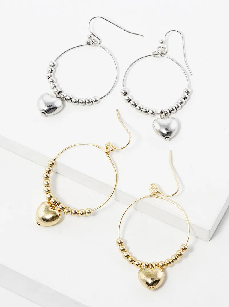 Hollow Heart Bead Drop Circle Wire Dangle Drop Earrings