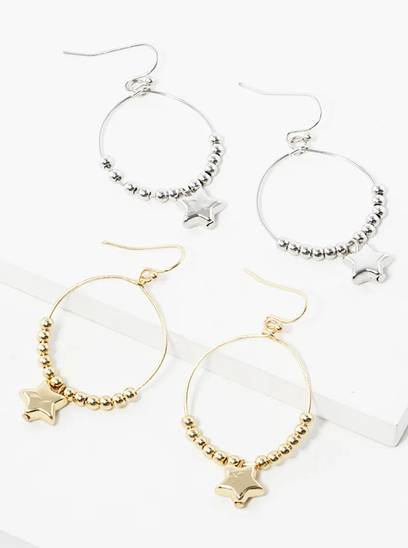 Hollow Star Bead Drop Circle Wire Dangle Drop Earrings