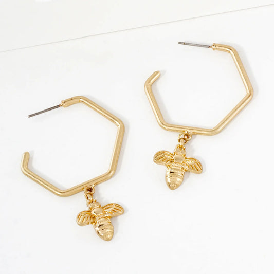 Honey Bee Drop 30mm Hexagon Push-Back Hoop Earrings