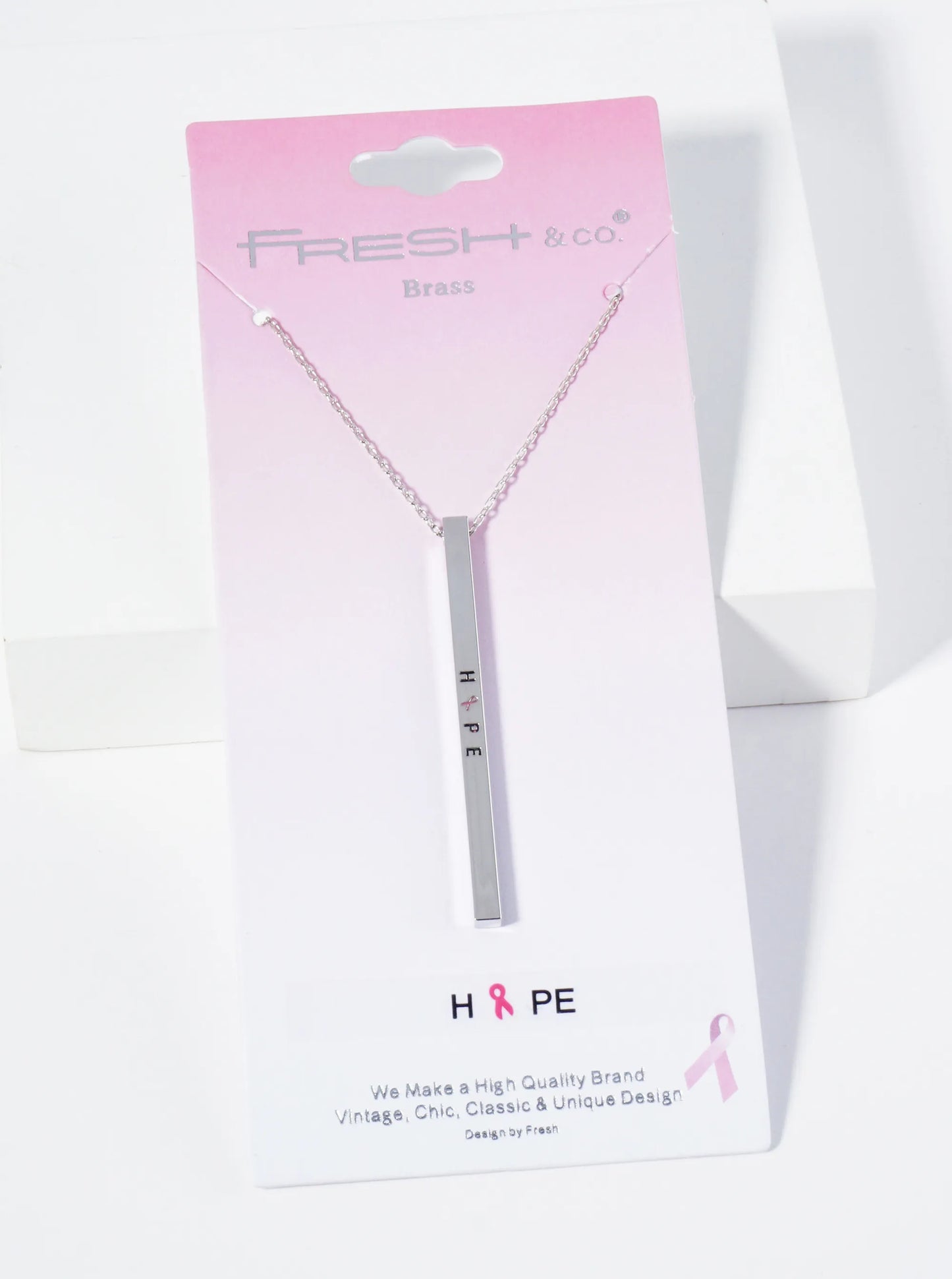 Hope Pink Ribbon Engraved Vertical Bar Pendant Inspirational Necklace
