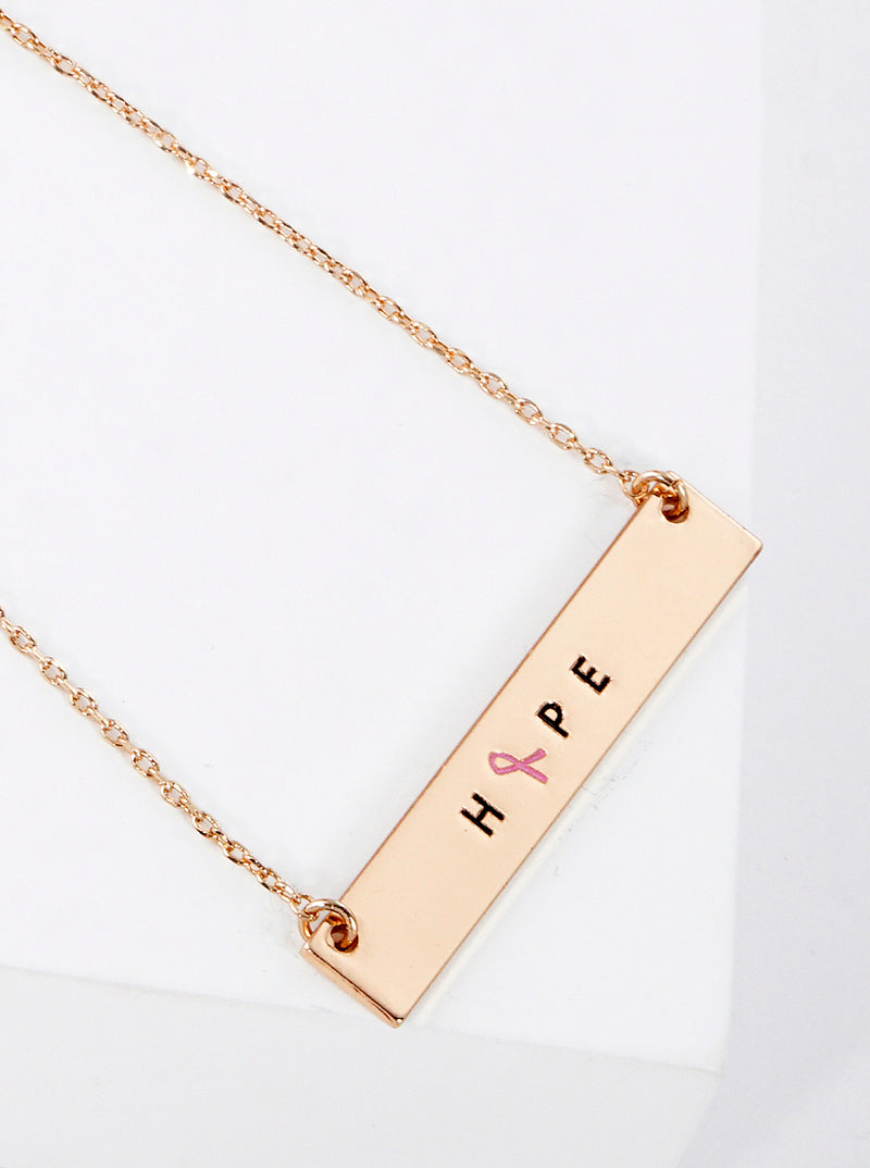 Hope Engraved Rectangle Pendant Pink Ribbon Inspirational Necklace