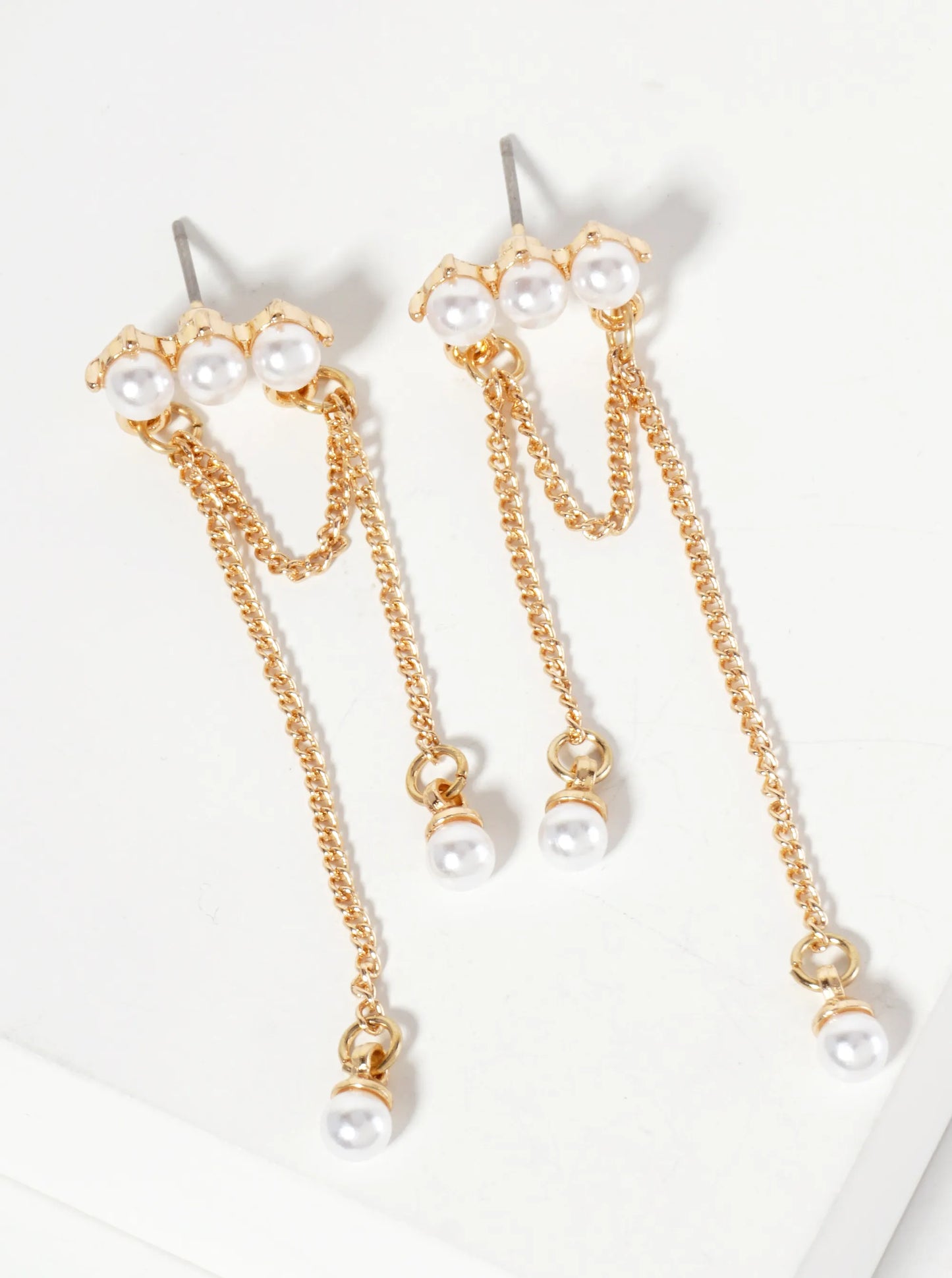 Horizontal Pearl Bar Earrings With Chain Drops