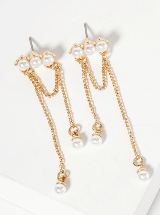 Horizontal Pearl Bar Earrings With Chain Drops