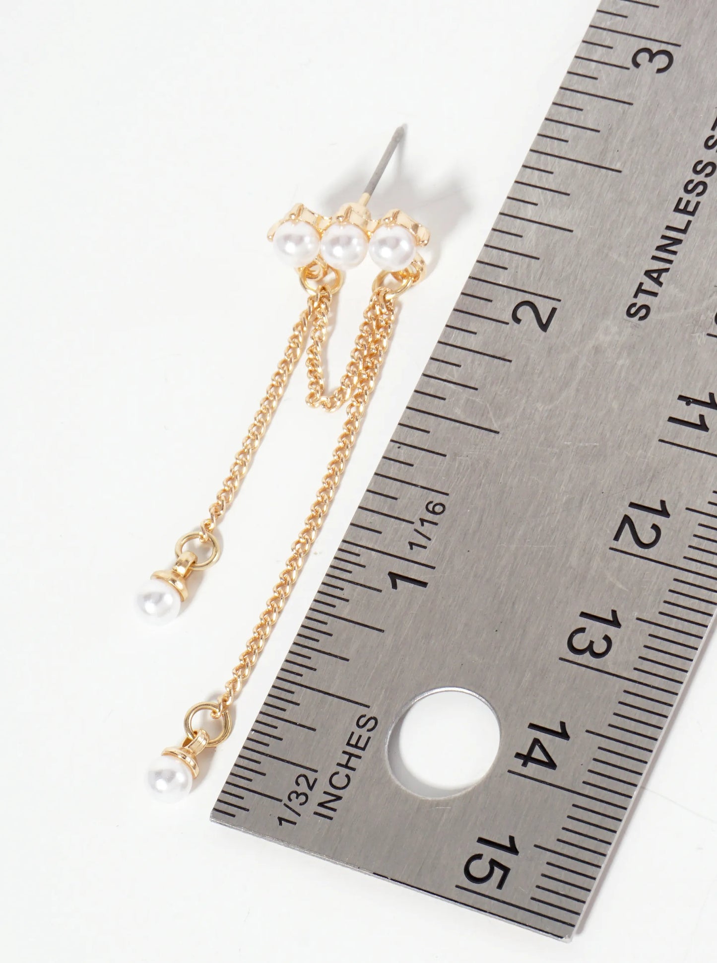 Horizontal Pearl Bar Earrings With Chain Drops