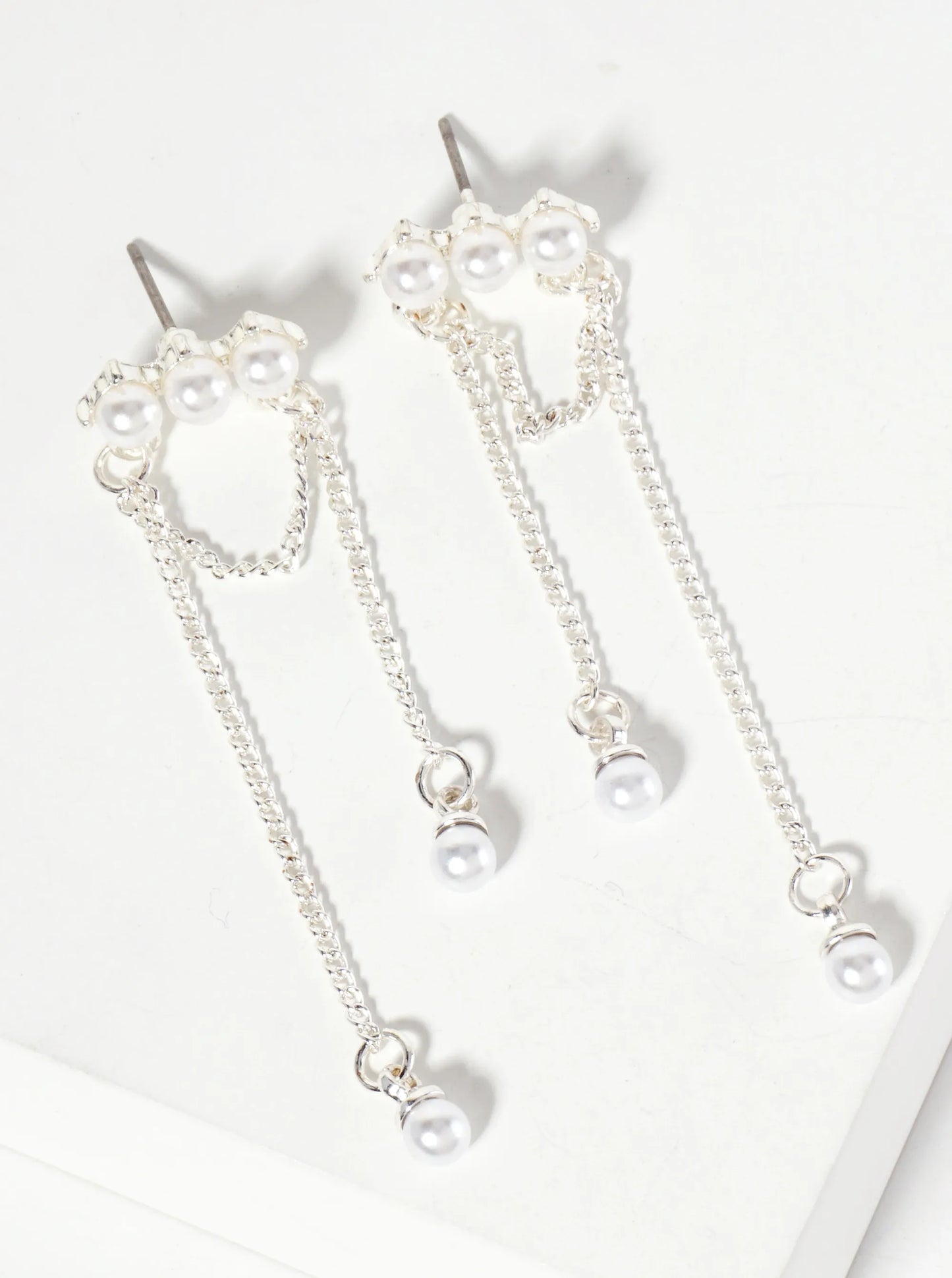 Horizontal Pearl Bar Earrings With Chain Drops