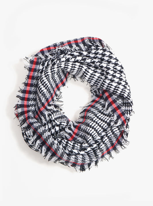 Houndstooth Double Loop With Fringe Infinity Scarf