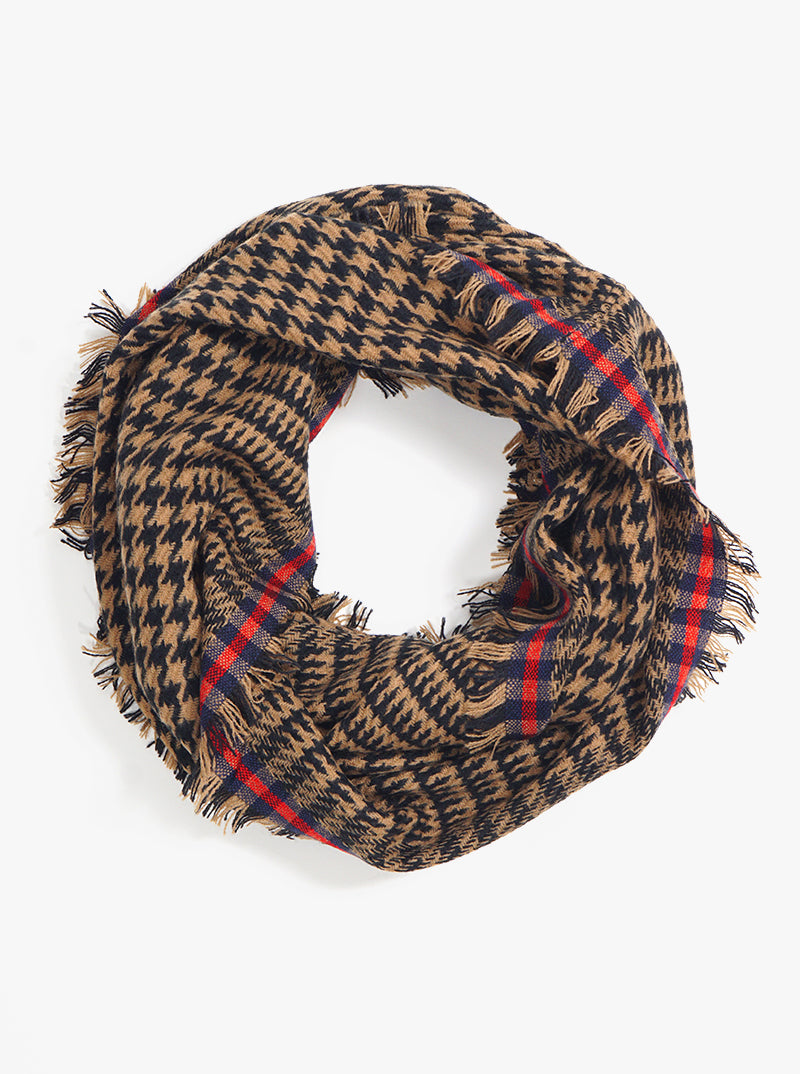 Houndstooth Double Loop With Fringe Infinity Scarf