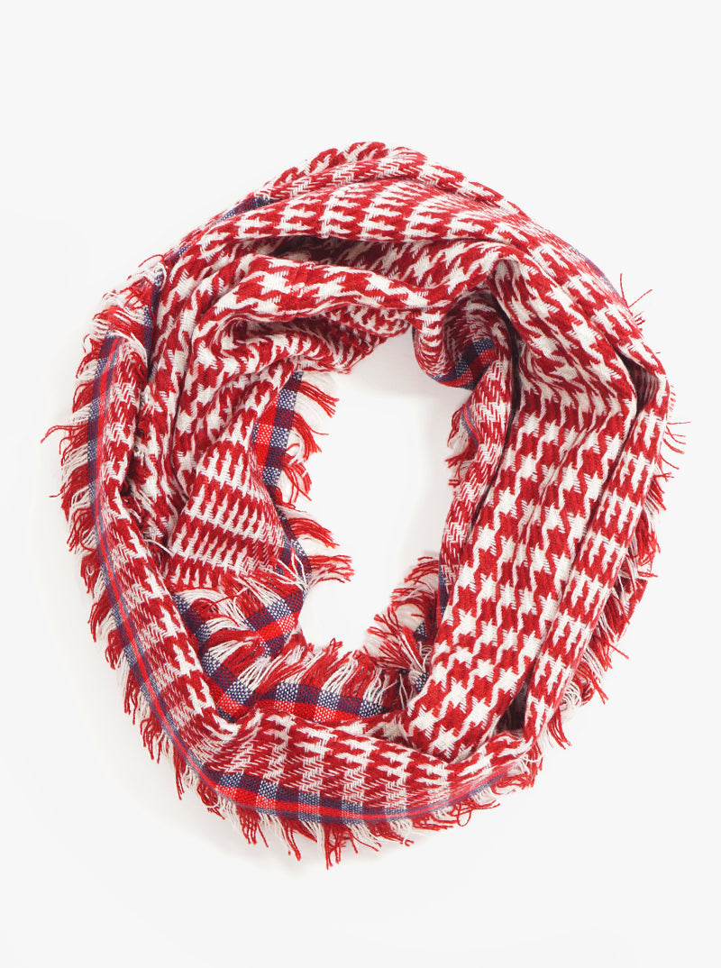 Houndstooth Double Loop With Fringe Infinity Scarf