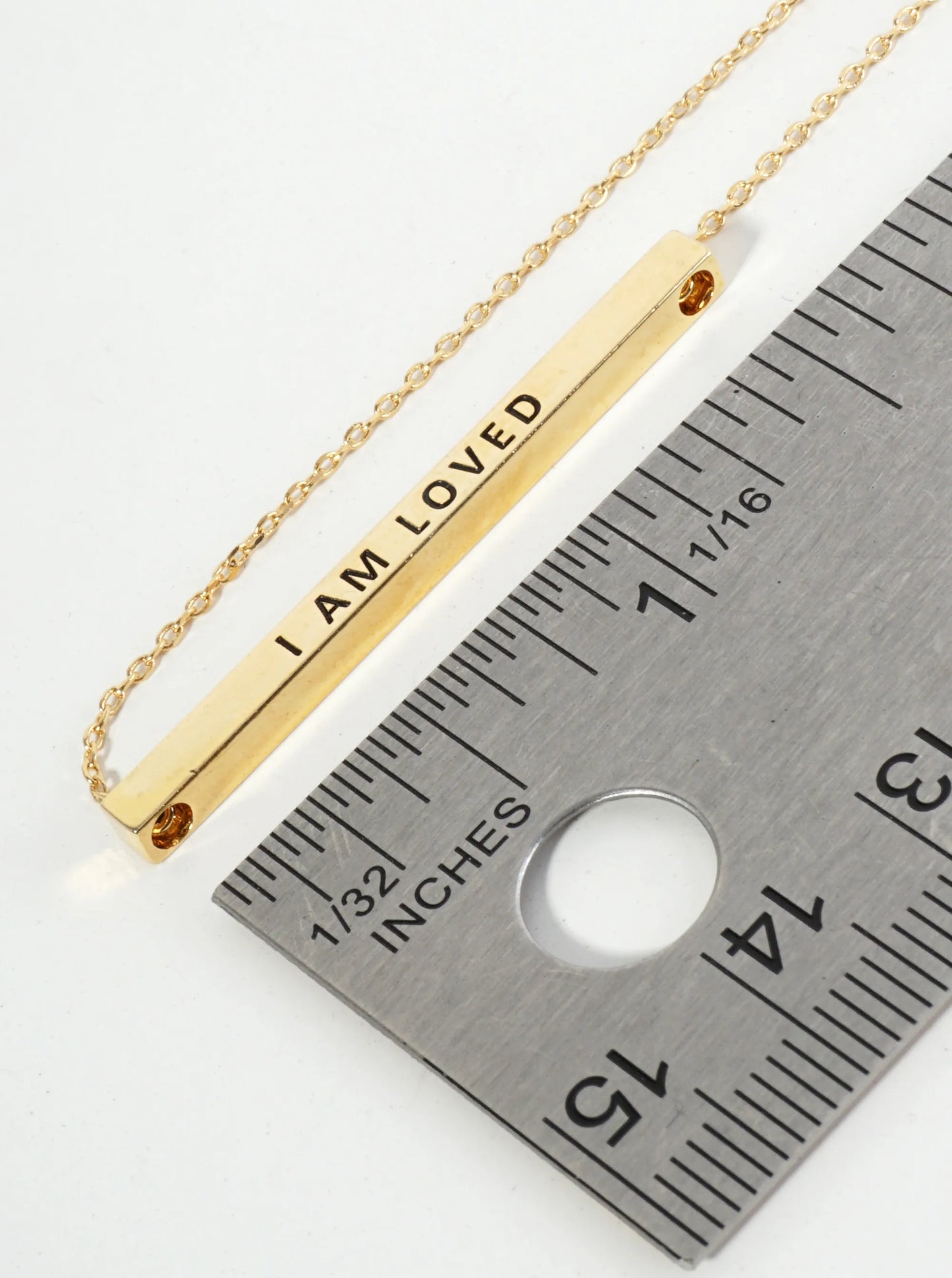 I Am Loved Engraved 18K Gold Dipped Horizontal Brass Bar Pendant Inspirational Necklace