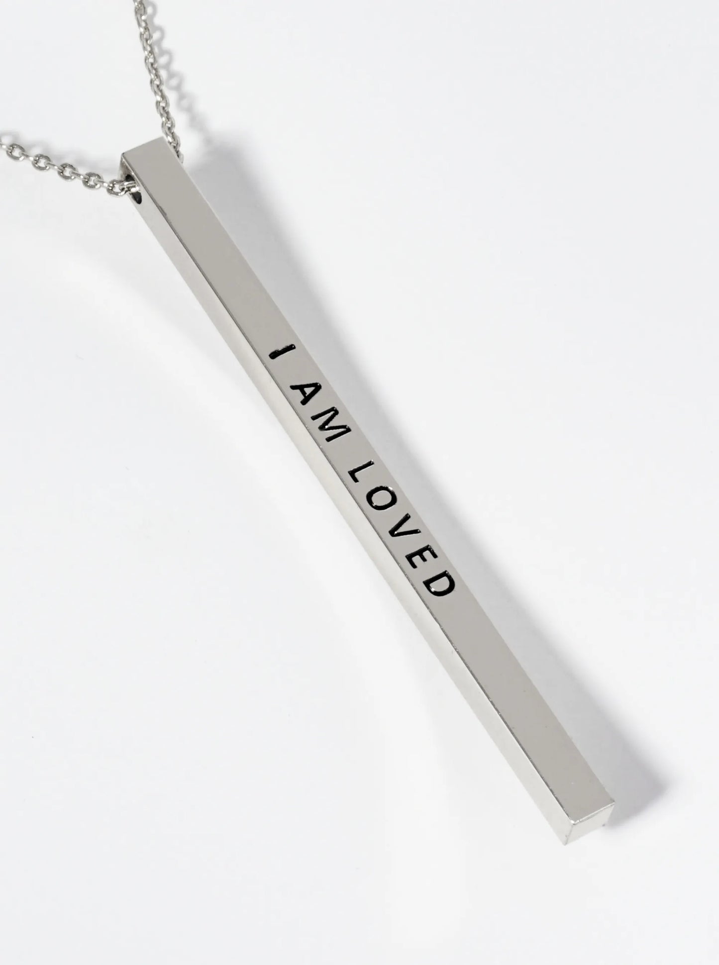 I Am Loved Engraved Vertical Bar Pendant Inspirational Necklace