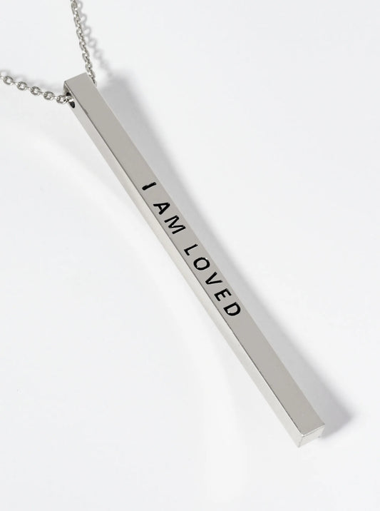 I Am Loved Engraved Vertical Bar Pendant Inspirational Necklace