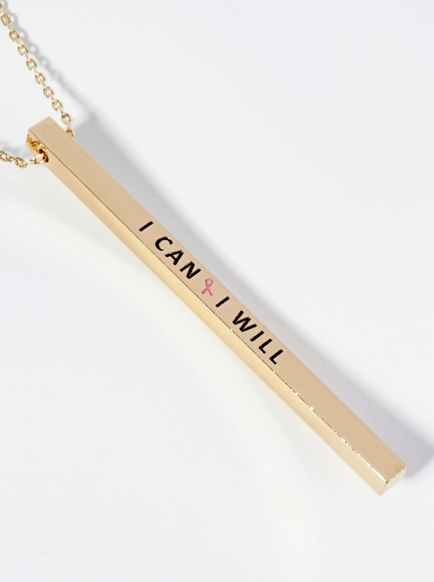 I Can I Will Pink Ribbon Engraved Vertical Bar Pendant Inspirational Necklace