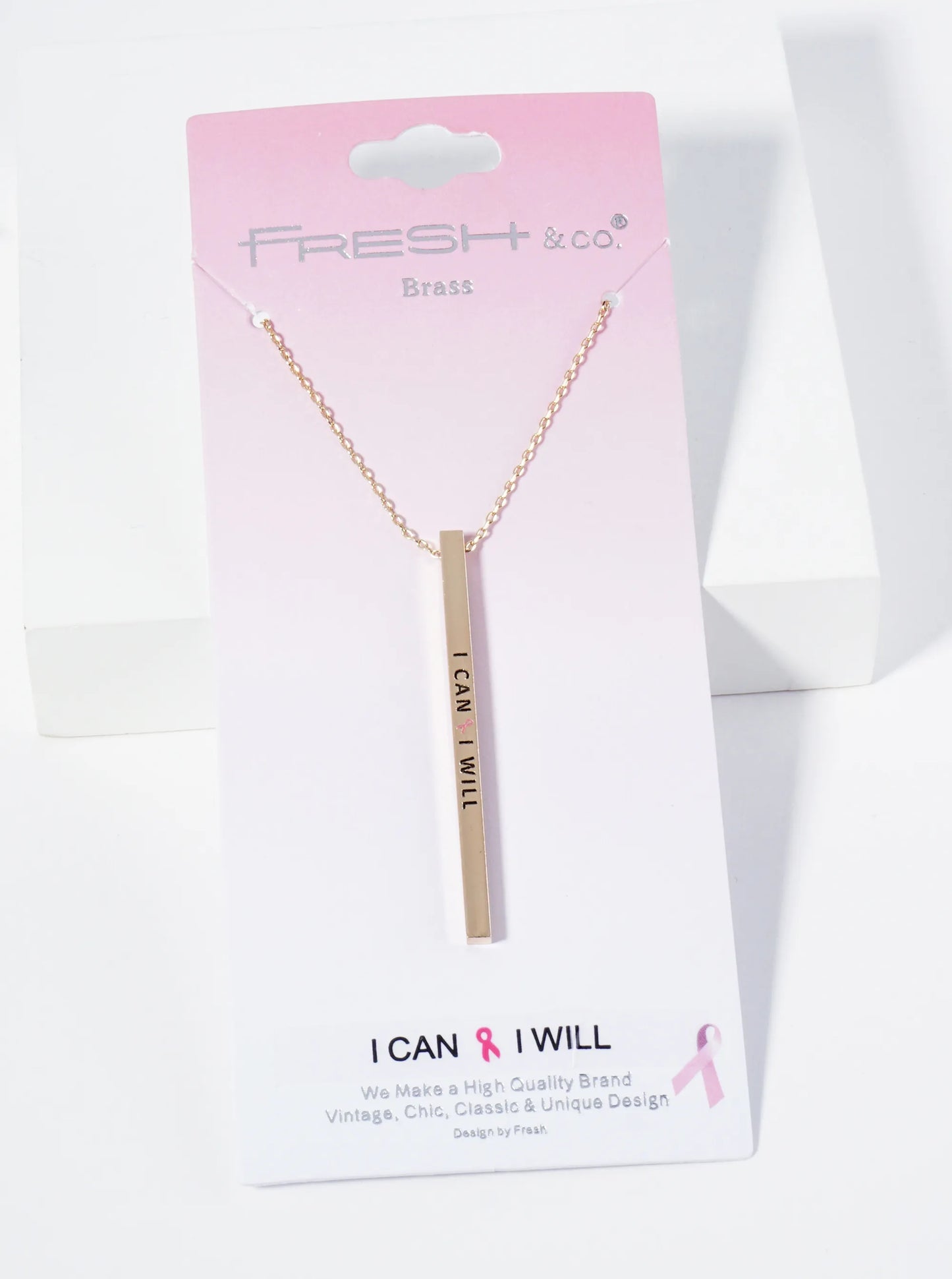 I Can I Will Pink Ribbon Engraved Vertical Bar Pendant Inspirational Necklace