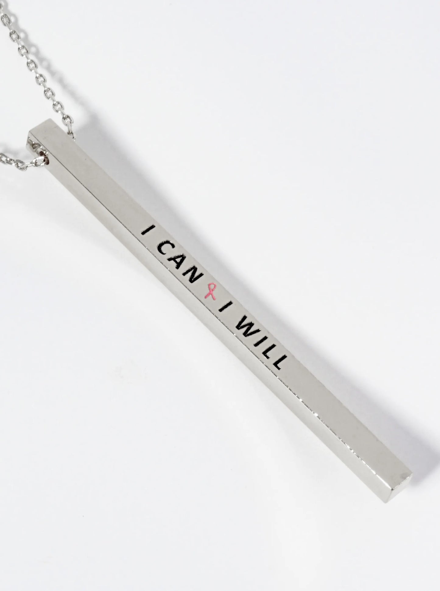 I Can I Will Pink Ribbon Engraved Vertical Bar Pendant Inspirational Necklace