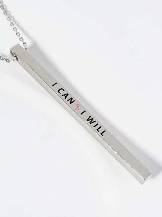 I Can I Will Pink Ribbon Engraved Vertical Bar Pendant Inspirational Necklace