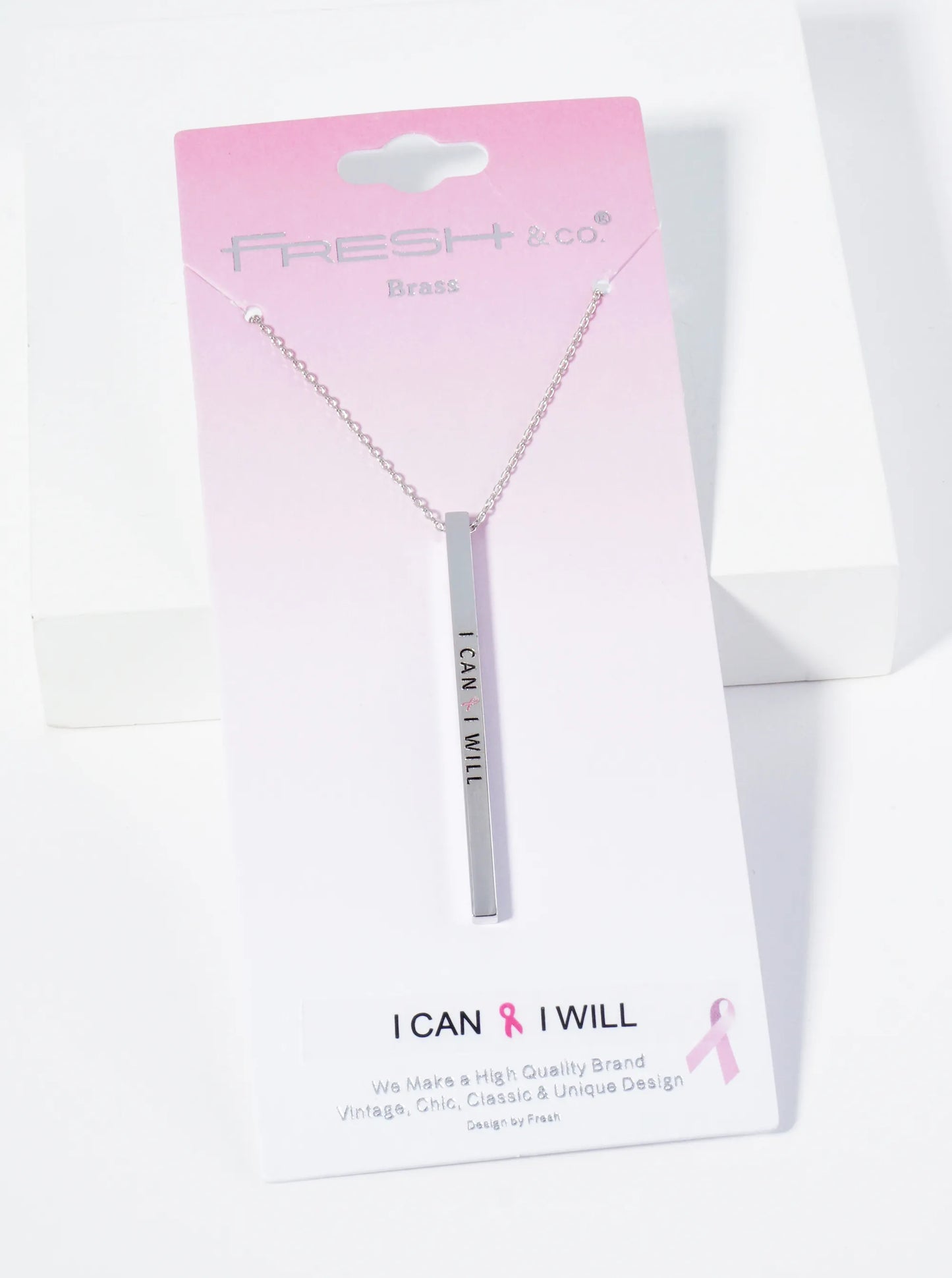 I Can I Will Pink Ribbon Engraved Vertical Bar Pendant Inspirational Necklace