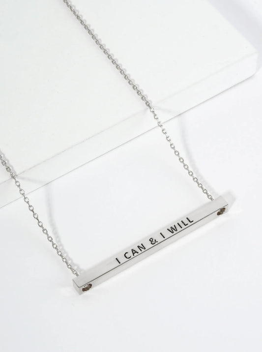 I Can And I Will Engraved 18K Gold Dipped Horizontal Brass Bar Pendant Inspirational Necklace