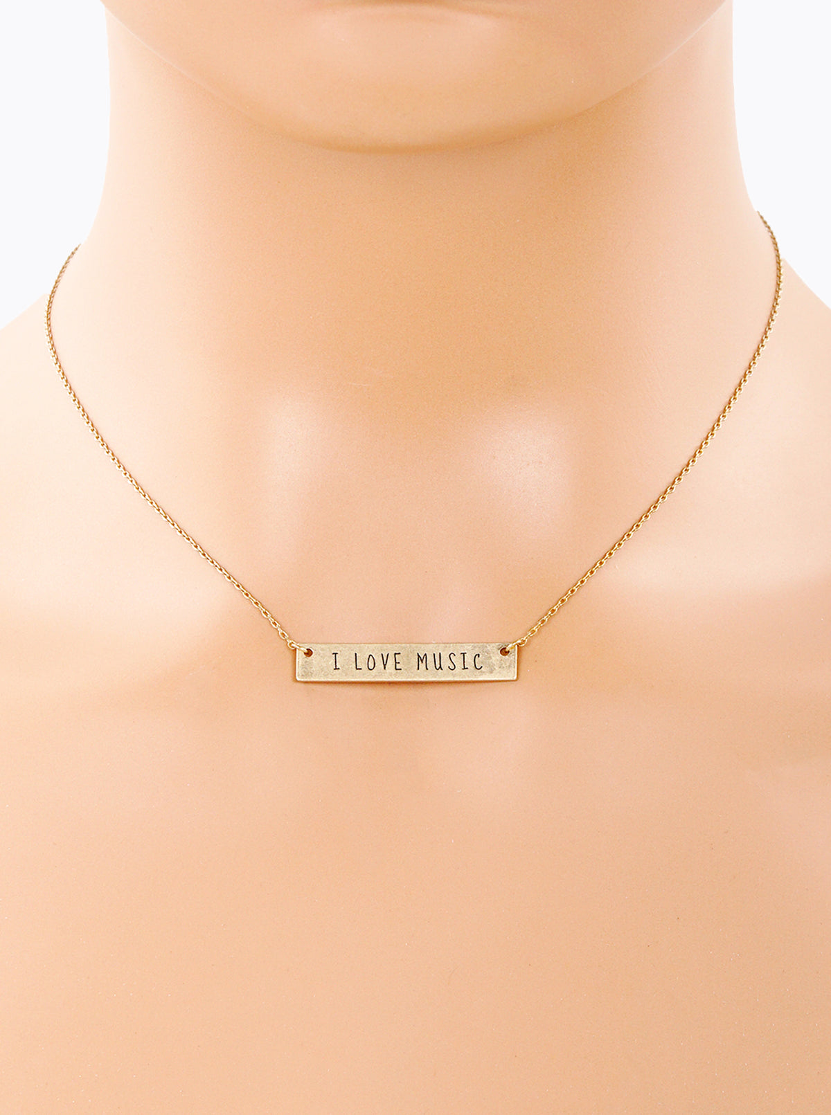 I Love Music Engraved Horizontal Bar Pendant Necklace