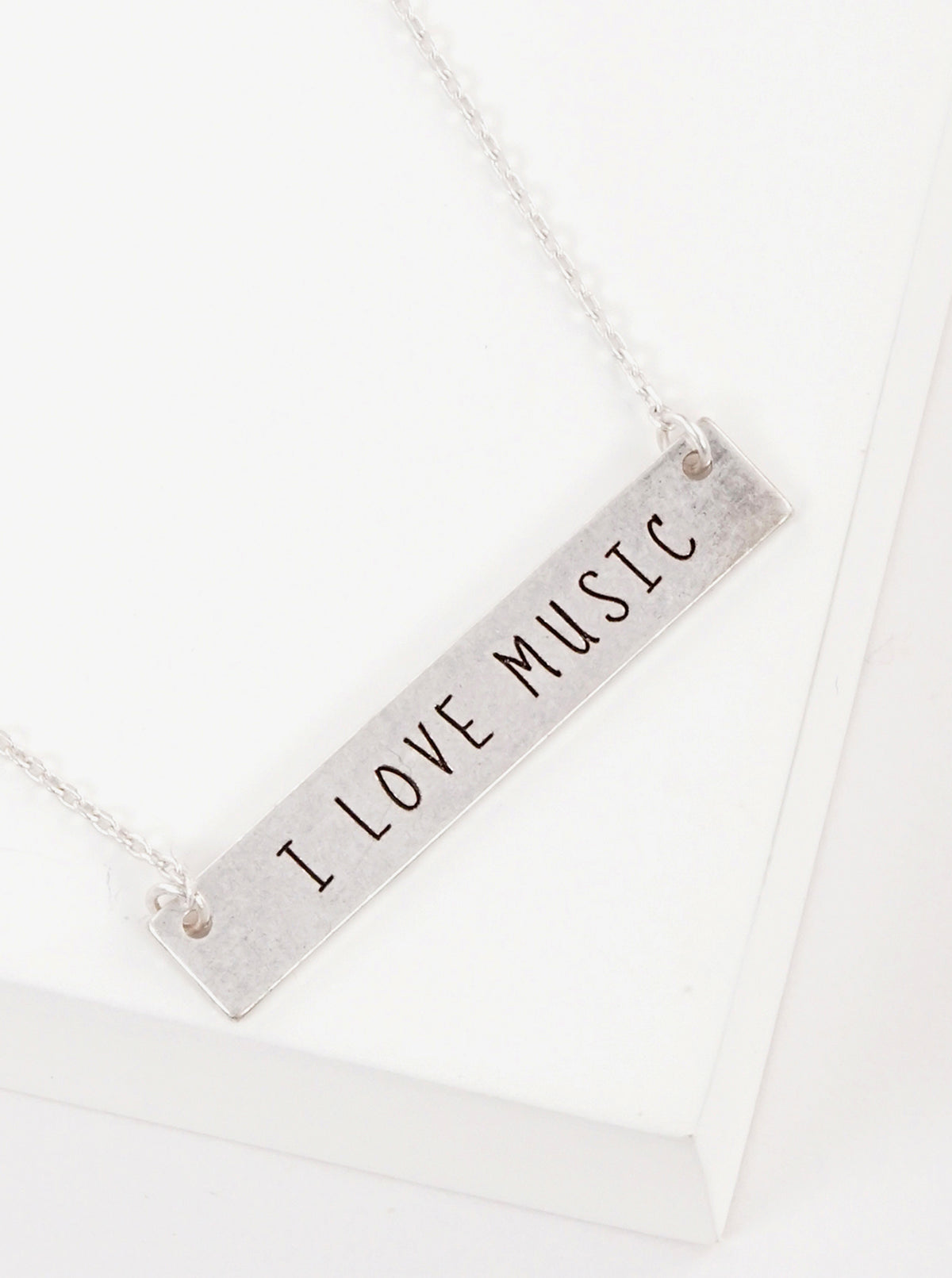 I Love Music Engraved Horizontal Bar Pendant Necklace