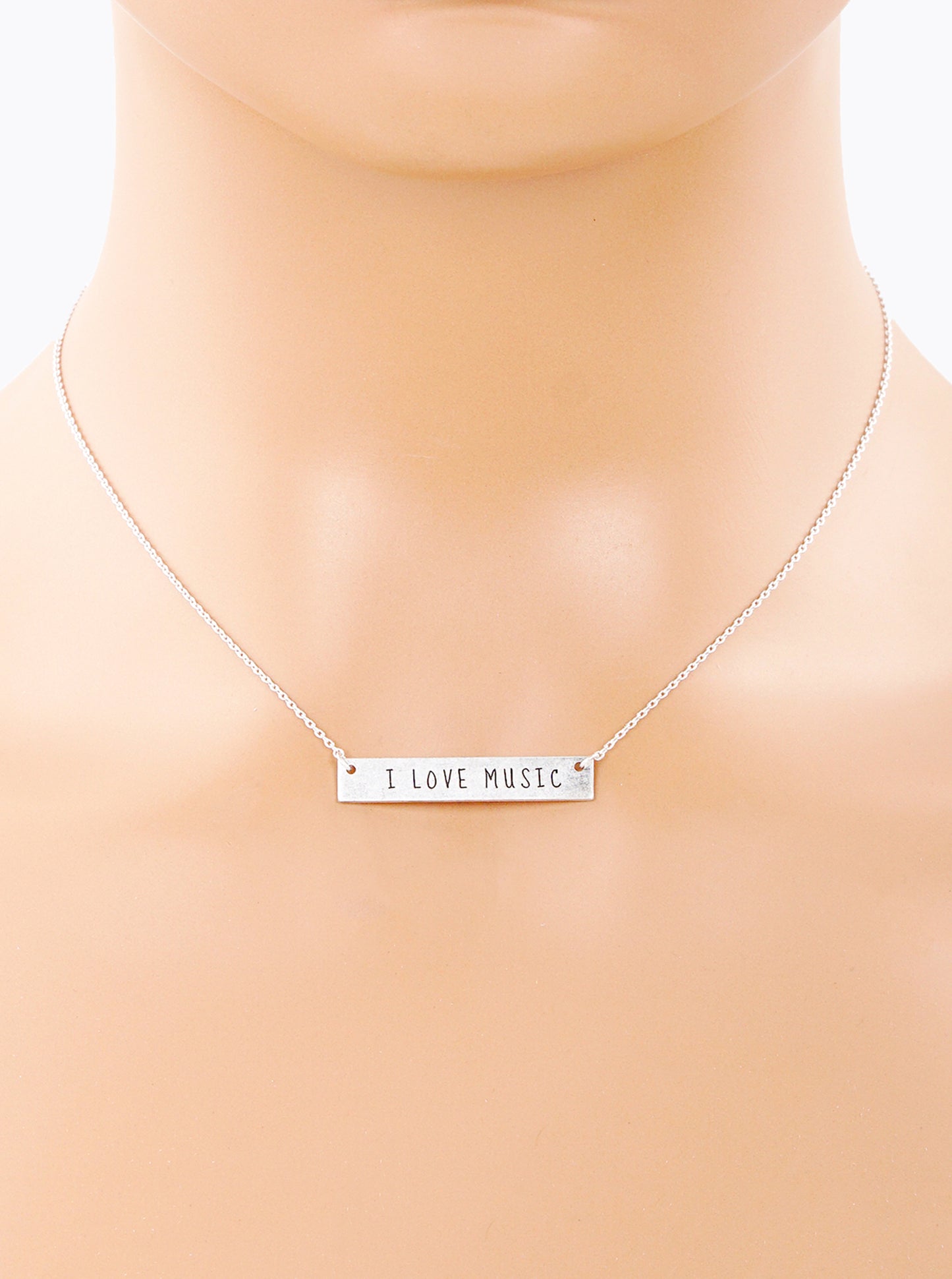 I Love Music Engraved Horizontal Bar Pendant Necklace