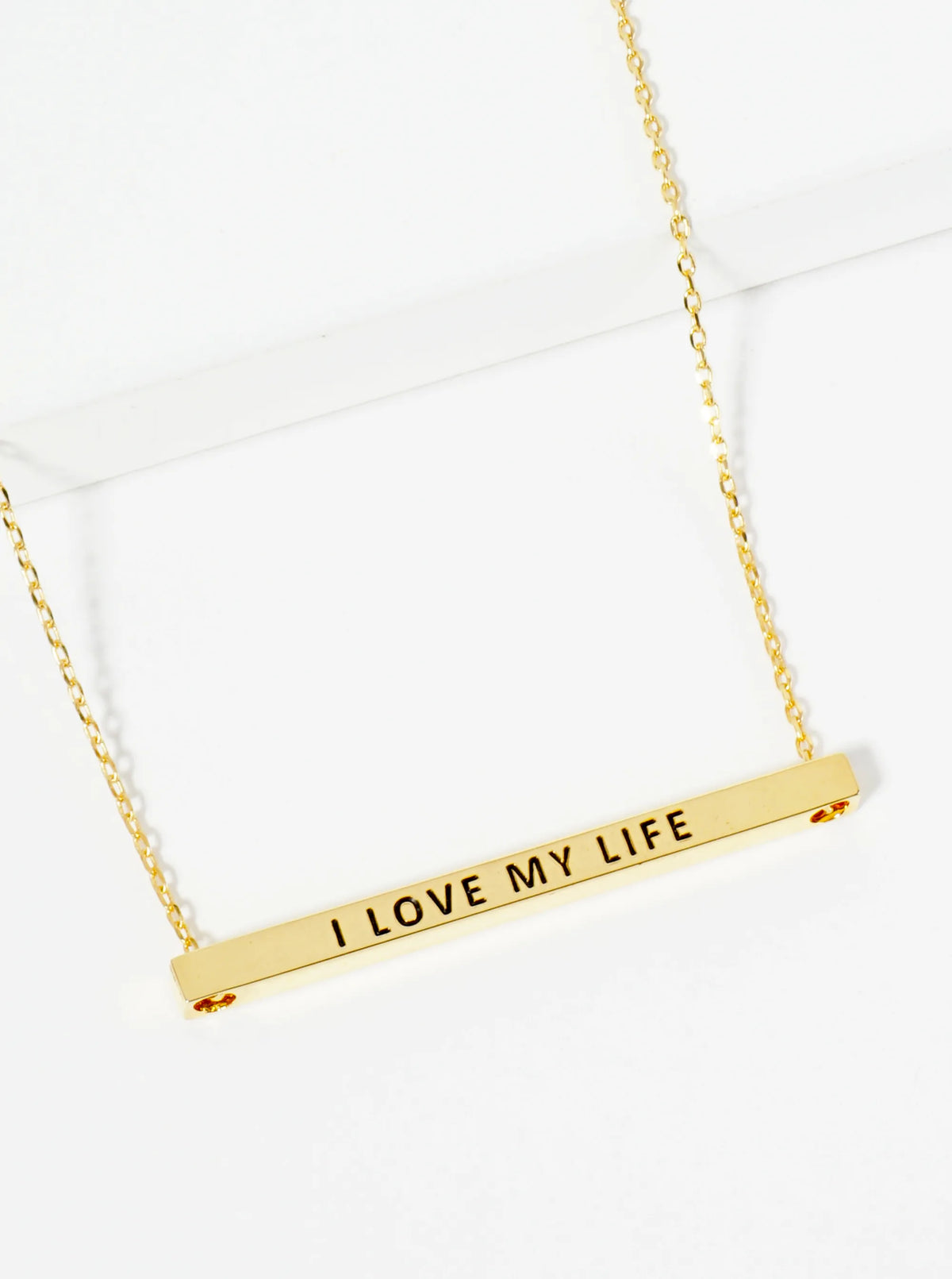 I Love My Life Engraved 18K Gold Dipped Horizontal Brass Bar Pendant Inspirational Necklace