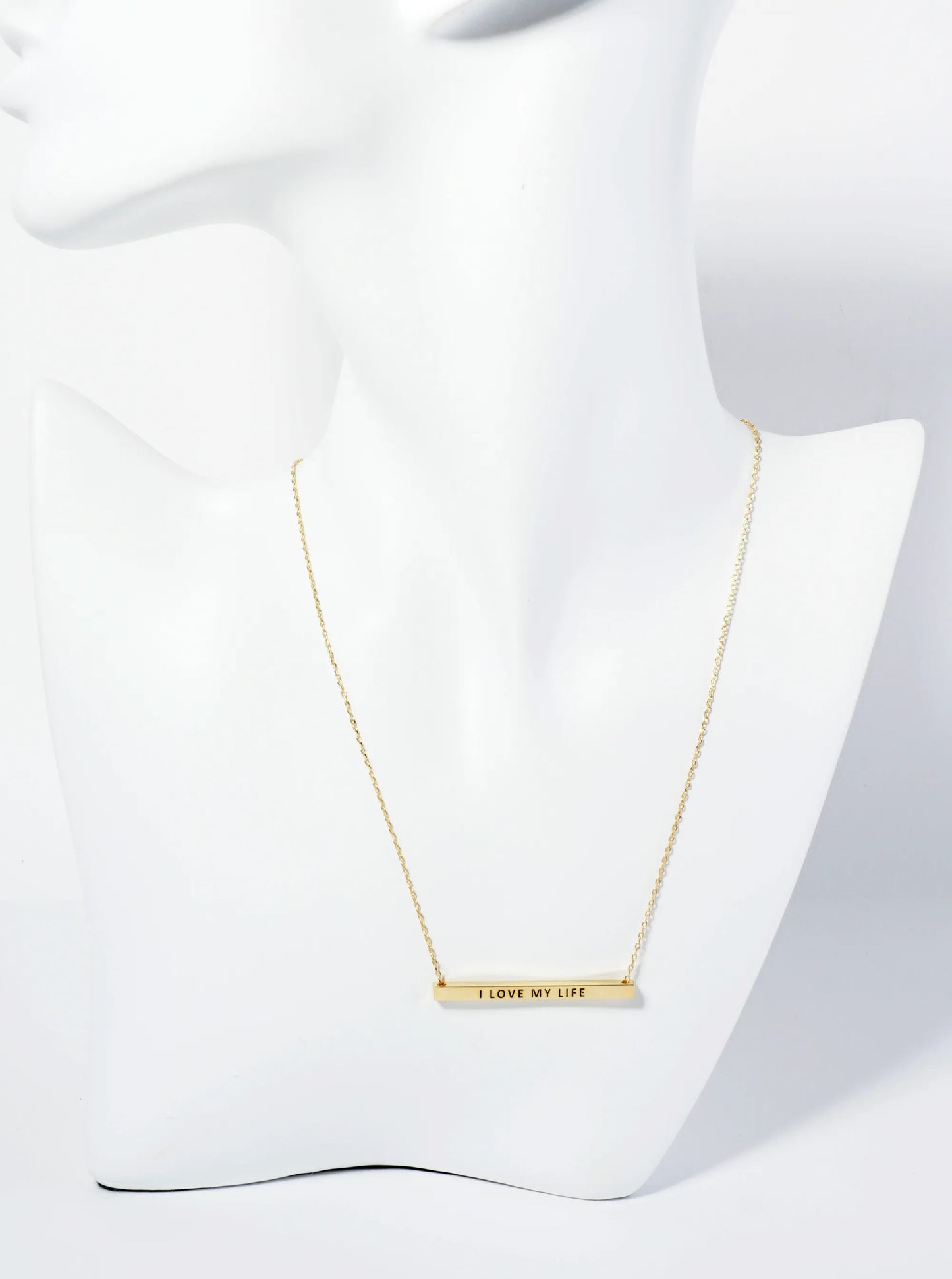 I Love My Life Engraved 18K Gold Dipped Horizontal Brass Bar Pendant Inspirational Necklace