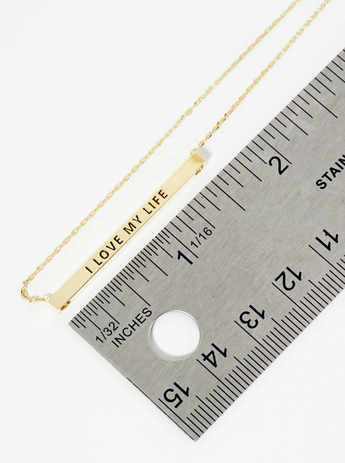 I Love My Life Engraved 18K Gold Dipped Horizontal Brass Bar Pendant Inspirational Necklace