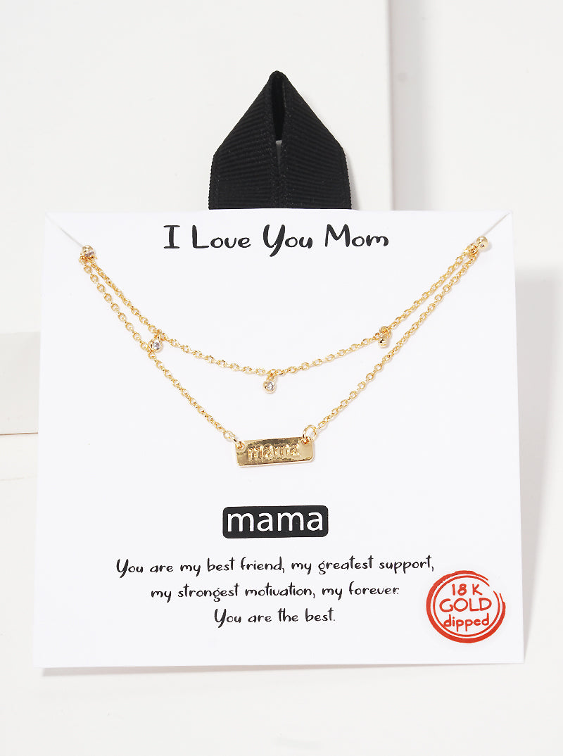 I-Love-You-Mom Mama Engraved Pendant CZ Layered 18K-Gold-Dipped Necklace