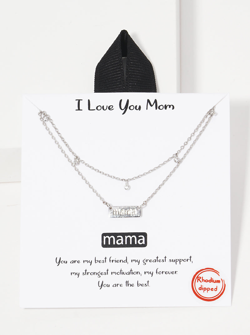 I-Love-You-Mom Mama Engraved Pendant CZ Layered 18K-Gold-Dipped Necklace