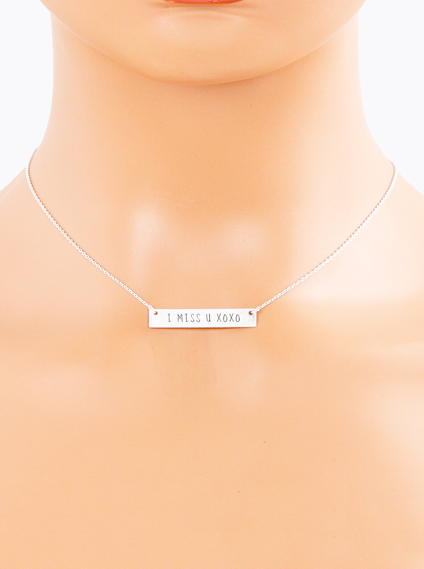 I Miss U Xoxo Engraved Horizontal Bar Pendant Necklace