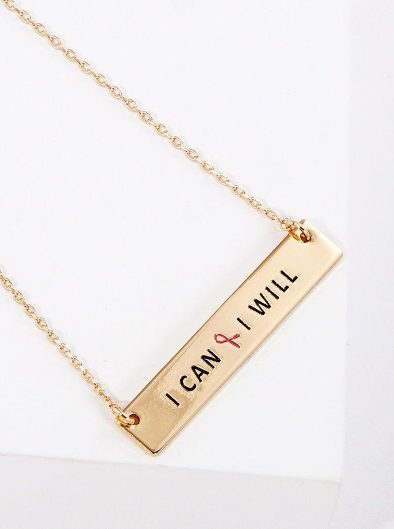 I Can I Will Engraved Rectangle Pendant Pink Ribbon Inspirational Necklace