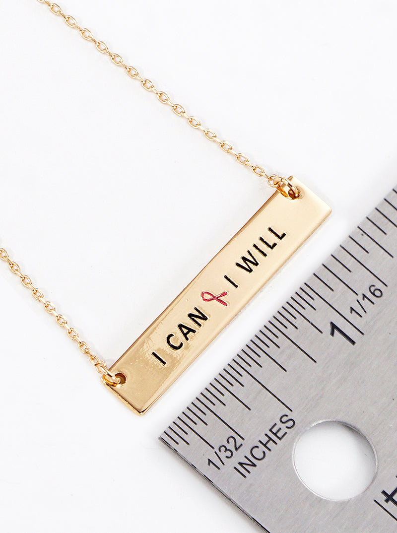 I Can I Will Engraved Rectangle Pendant Pink Ribbon Inspirational Necklace
