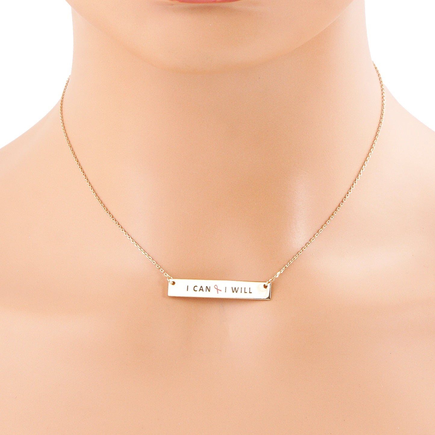 I Can I Will Engraved Rectangle Pendant Pink Ribbon Inspirational Necklace