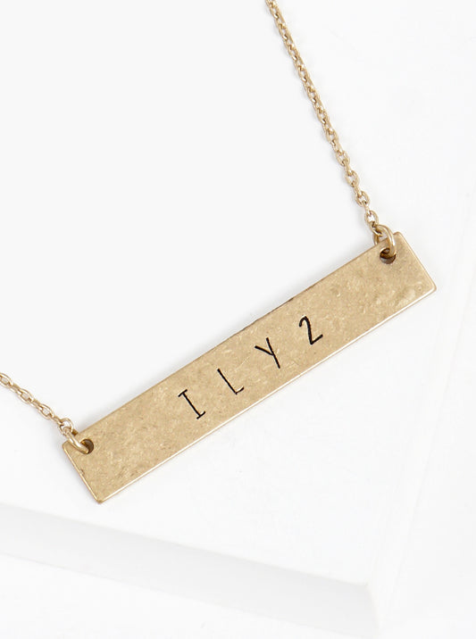 ILY2 I Love You Too Engraved Horizontal Bar Pendant Necklace