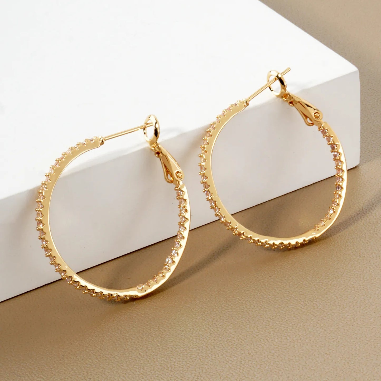 Inside-Out Pave-Set Cubic-Zirconia Gold-Dipped Brass 30mm Omega-Back Hoop Earrings