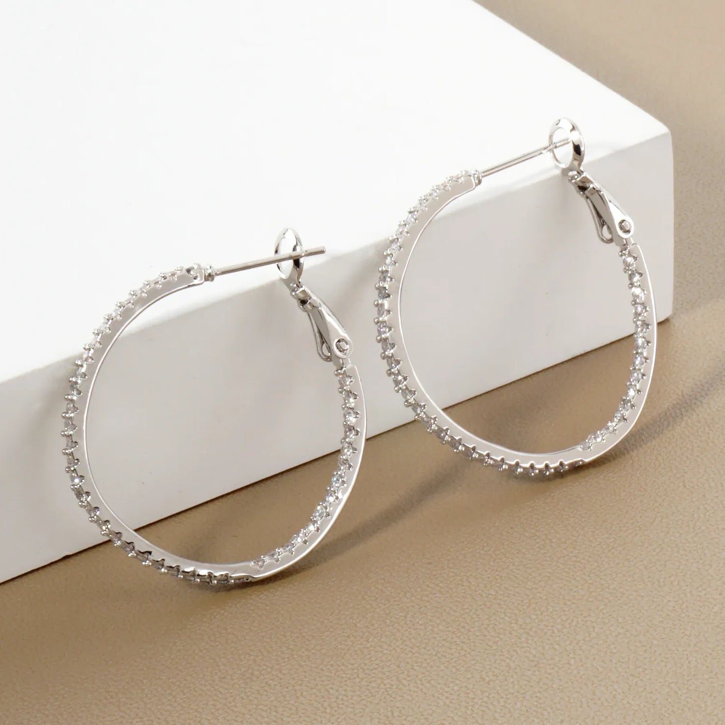 Inside-Out Pave-Set Cubic-Zirconia Gold-Dipped Brass 30mm Omega-Back Hoop Earrings