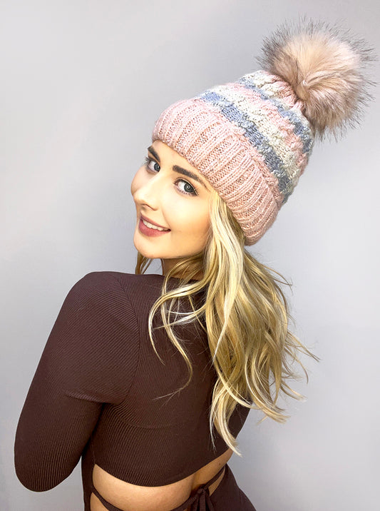 Insulated Sherpa Acrylic Tri Color Beanie With Pom Pom