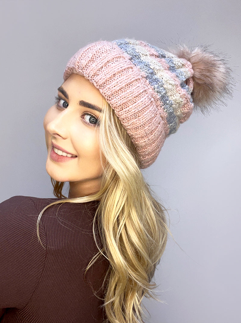 Insulated Sherpa Acrylic Tri Color Beanie With Pom Pom