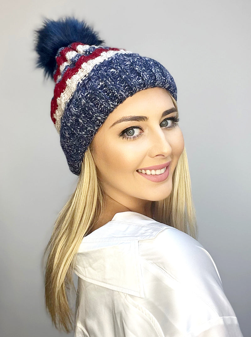 Insulated Sherpa Acrylic Tri Color Beanie With Pom Pom